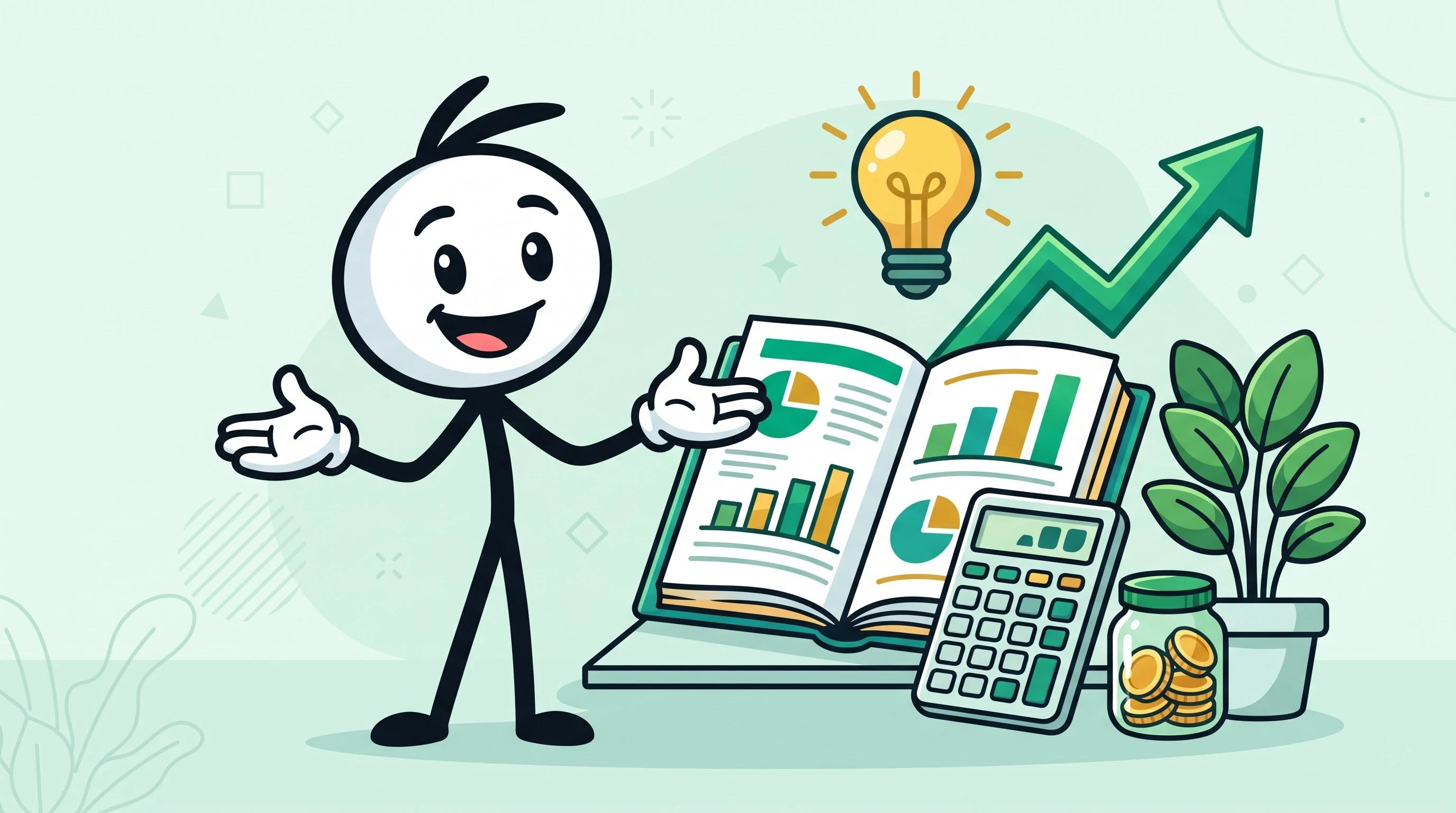 StickMoney mascot explaining financial education and money calculations.